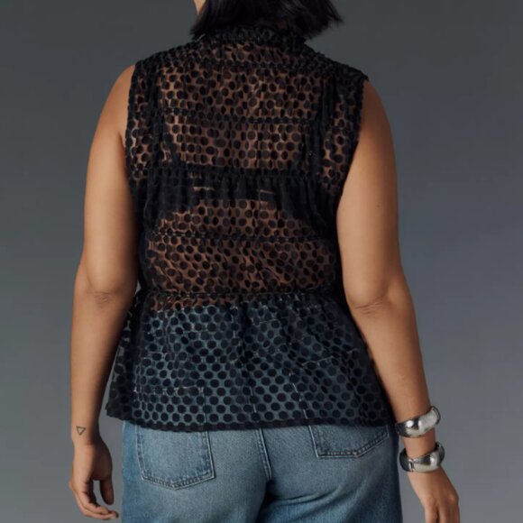 Maeve Anthropologie Smocked High-Neck Tiered Tank Black Sheer Polka Dot 3X NWT - Picture 2 of 7